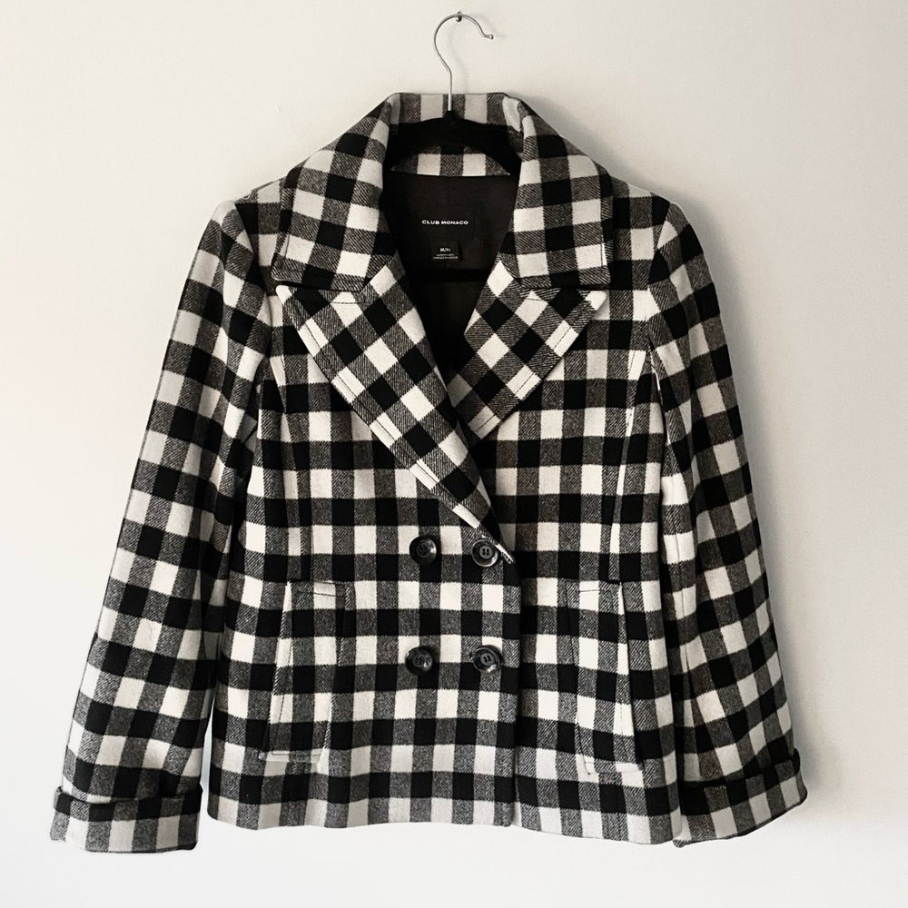 Club Monaco Wool and Cashmere Double Breasted Gingham Peacoat